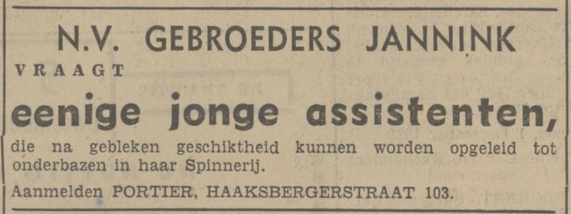 Haaksbergerstraat 103 Spinnerij Gebr. Jannink advertentie Tubantia 2-12-1939.jpg
