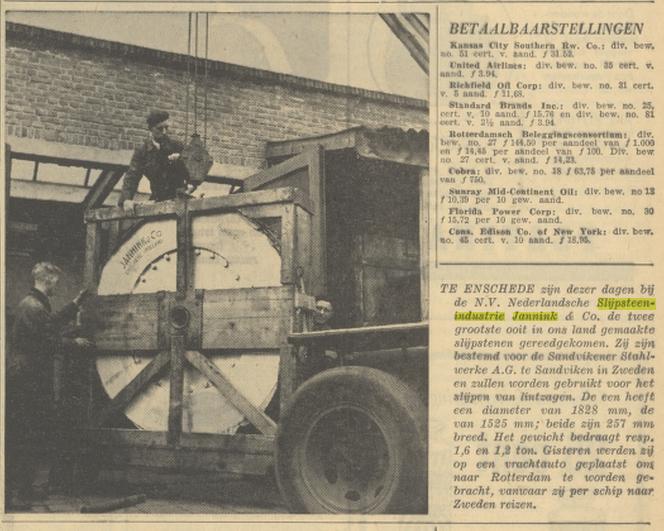 Haaksbergerstraat 103 Cromhoffbleekweg 120 N.V. Nederlandse Slijpsteenindustrie Jannink & Co. krantenfoto Algemeen Handelsblad 27-3-1958.jpg