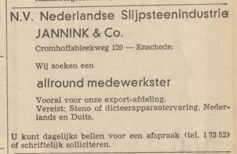 Cromhoffsbleekweg 120 N.V. Nederlandse Slijpsteenindustrie Jannink & Co. advertentie Tubantia 10-1-1969.jpg