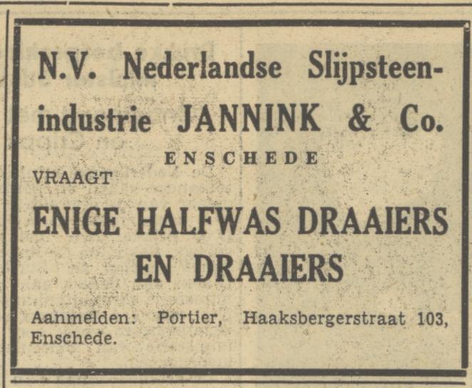 Haaksbergerstrat 103 N.V. Nederlandse Slijpsteenindustrie Jannink & Co. advertentie Tubantia 15-2-1950.jpg