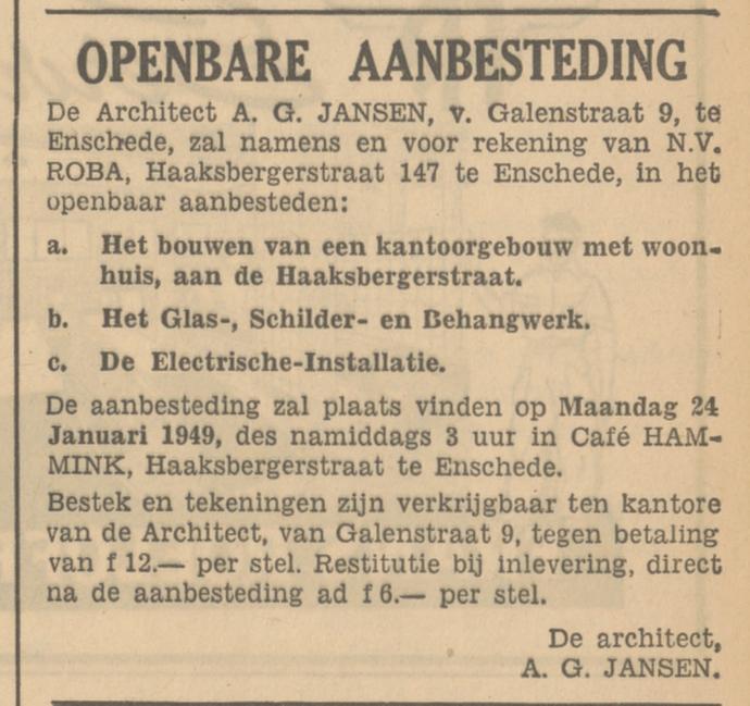 Van Galenstraat 9 A.G. Jansen Arcitect advertentie Tubantia 15-1-1949.jpg