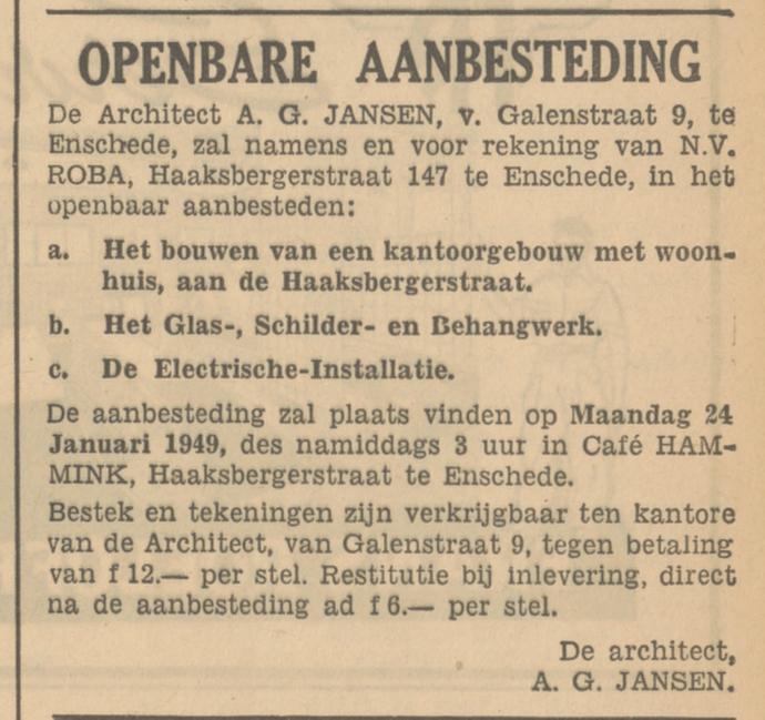 Van Galenstraat 9 A.G. Jansen Arcitect advertentie Tubantia 15-1-1949.jpg