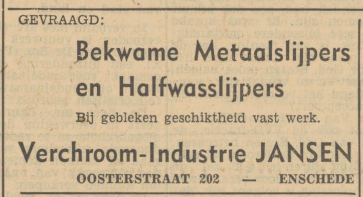 Oosterstraat 202 Jansen Verchroomindustrie advertentie Tubantia 29-8-1950.jpg