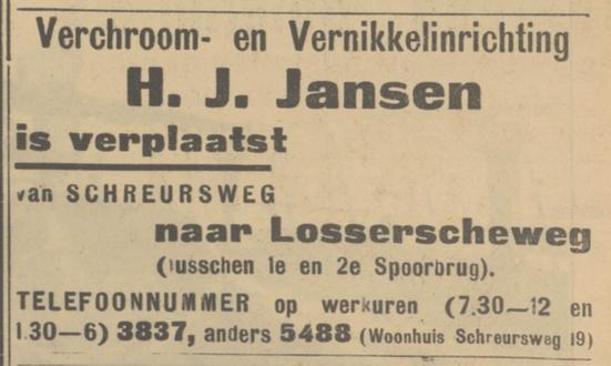 Schreursweg Verchroom- en Vernikkelindustrie H.J. Jansen telf. 5488. advertentie Tubantia 1-12-1933.jpg