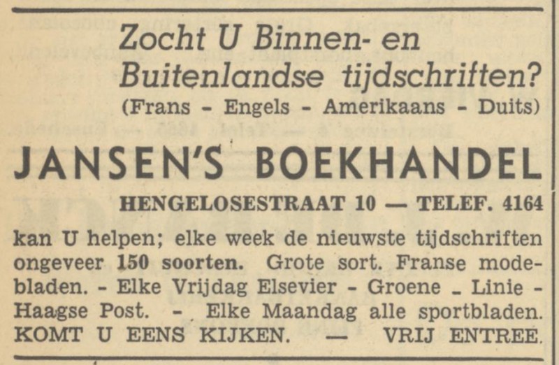 Hengelosestraat 10 Boekhandel Jansen advertentie  Tubantia 25-10-1949.jpg