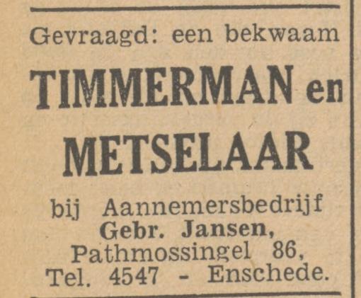 Pathmossingel 86 Aannemersbedrijf Gebr. Jansen advertentie Tubantia 20-1-1949.jpg