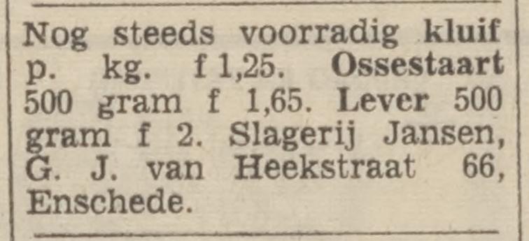 G.J. van Heekstraat 66 slagerij Jansen advertentie Tubantia 1-12-1966.jpg
