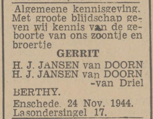 Lasondersingel 17 H.J. Jansen van Doorn advertentie Twentsch nieuwsblad 25-11-1944.jpg