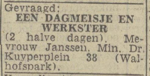 Minister Dr. Kuyperplein 38 Mevr. Janssen advertentie Twentsch nieuwsbladd 23-10-1943.jpg