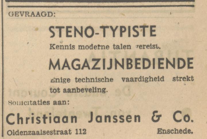 Oldenzaalsestraat 112 Fa. Christiaan Janssen & Co. advertentie Tubantia 25-5-1948.jpg