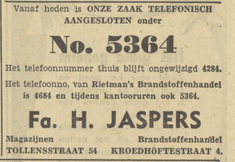 Kroedhöftestraat 4 Fa. H. Jaspers kolenhandel advertentie Tubantia 23-3-1950.jpg