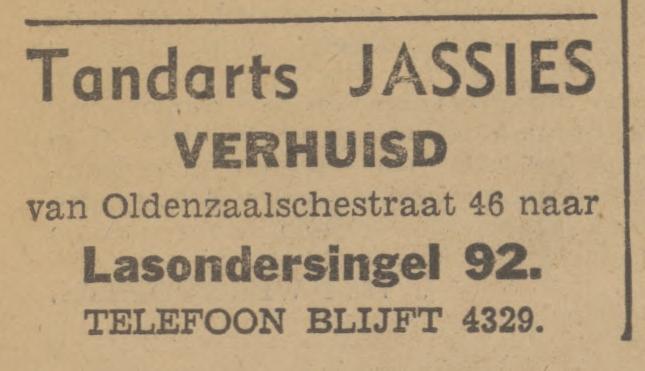 Lasondersingel 42 Tandarts Jassies advertentie Tubantia 4-4-1942.jpg