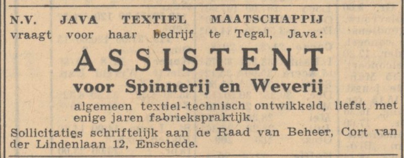 Cort van der Lindenlaan 12 Java Textiel Maatschappij advertentie Algemeen Handelsblad 22-8-1952.jpg