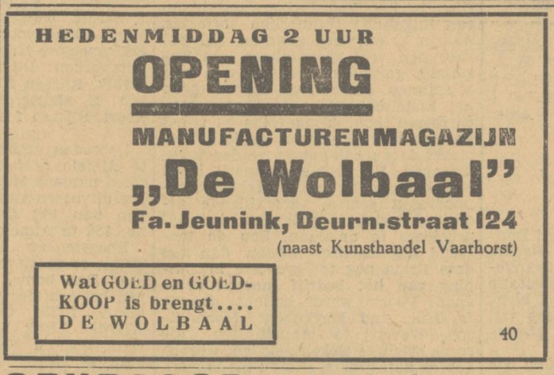 Deurningerstraat 124 Fa. Jeunink Manufacturenmagazijn De Wolbaal advertentie Tubantia 18-2-1933.jpg