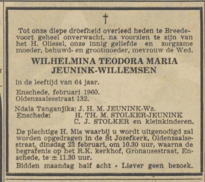 Oldenzaalsestraat 132 Mevr. Jeunink -Willemsen overlijdensadvertentie De Volkskrant 22-2-1960.jpg