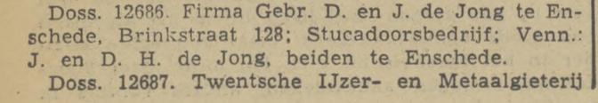 Brinkstraat 128 Gebr. de Jong stucadoorsbedrijf krantenbericht Tubantia 12-2-1941.jpg