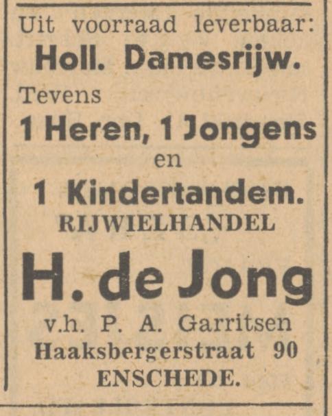 Haaksbergerstraat 90 H. de Jong rijwielhandel advertentie Tubantia 5-8-1948.jpg
