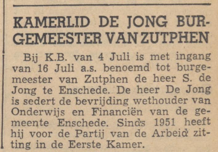 S. de Jong wethouder Onderwijs en Financien krantenbericht 9-7-1952.jpg