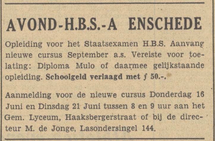 Lasondersingel 144 M. de Jonge advertentie Tubantia 13-6-1949.jpg