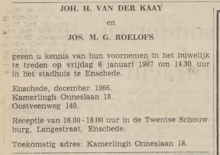 Kamerlingh Onneslaan 18 J.H. van der Kaay advertentie Tubantia 21-12-1966.jpg