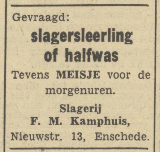 Nieuwstraat 13 F.M. Kamphuis slagerij advertentie Tubantia 3-2-1950.jpg