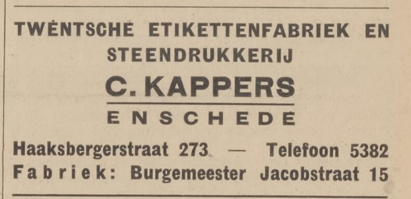 Haaksbergerstraat 273 C. Kappers steendrukkerij advertentie Tubantia 10-2-1938.jpg