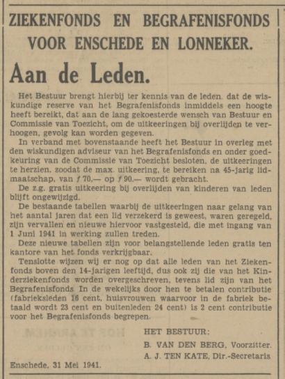 A.J. ten Kate Directeur Ziekenfonds Enschede en Lonneker. advertentie Tubantia 31-5-1941.jpg