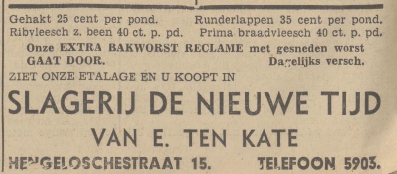 Hengelosestraat 15 E. ten Kate slagerij adverten tie Tubantia 31-10-1938.jpg