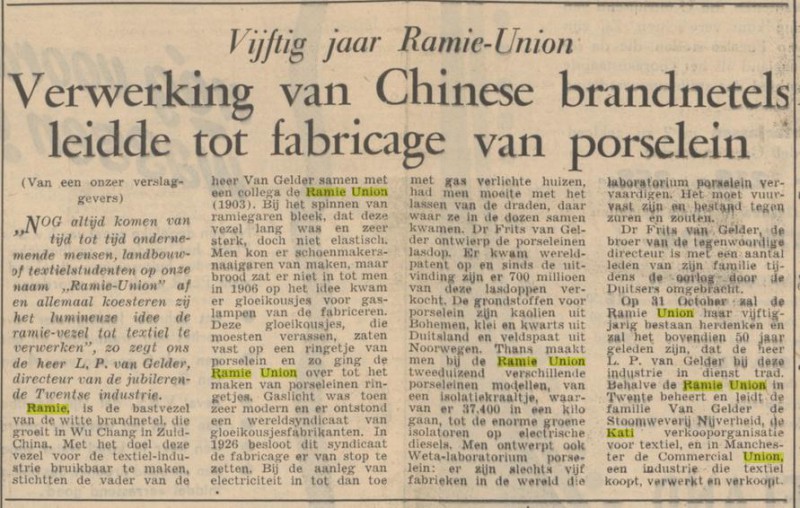 Noord Esmarkerrondweg 419 Gronausestraat 240 N.V. Ramie Union en N.V. Kati krantenbericht Algemeen Handelsblad 29-10-1953.jpg