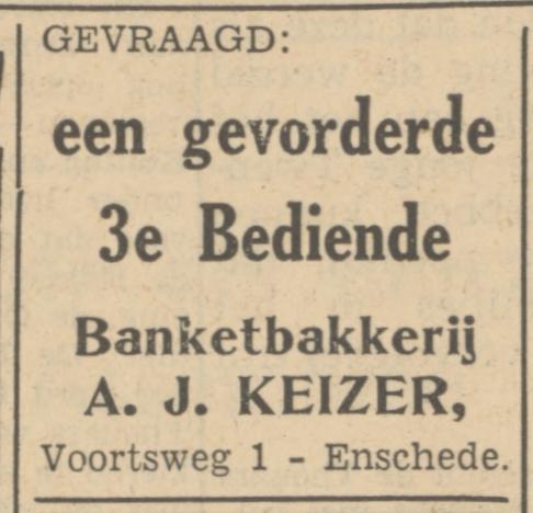 Voortsweg 1 Banketbakkerij A.J. Keizer advertentie Tubantia 8-8-1950.jpg