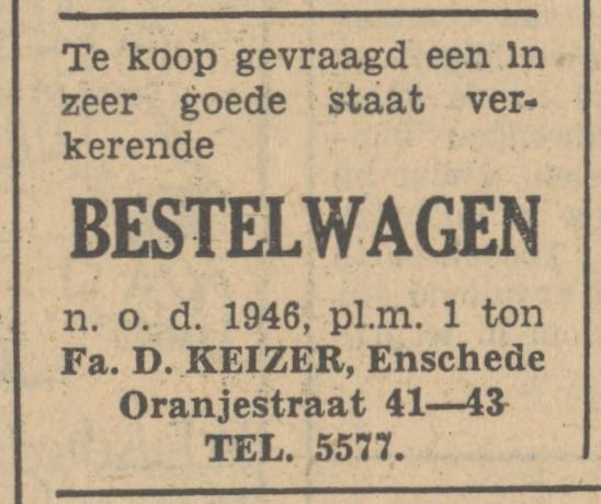 Oranjestraat 41 Fa. D. Keizer advertentie Tubantia 23-6-1951.jpg