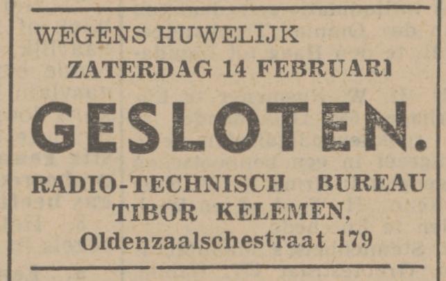 Oldenzaalsestraat 179 Tibor Kelemen Radio Technisch Bureau advertetie Tubantia 11-2-1942.jpg