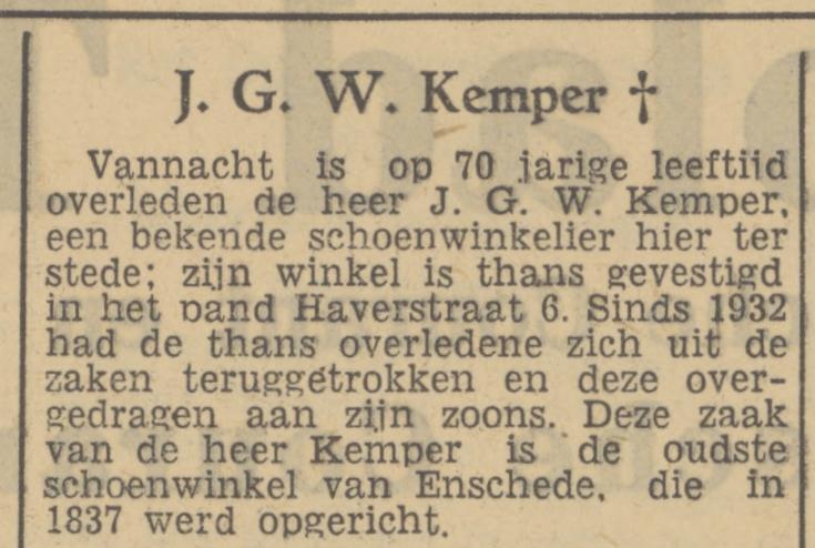Haverstraat 6 J.G.W. Kemper schoenwinkeliet krantenbericht Tubantia 25-1-1951.jpg