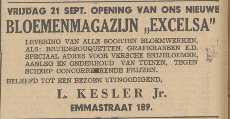 Emmastraat 189 Bloemenmagazijn Excelsa L. Kesler Jr. advertentie Tubantia 19-9-1931.jpg