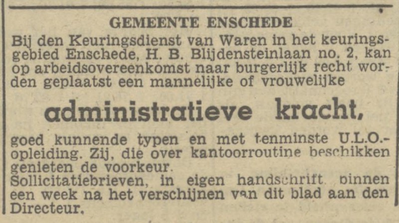 H.B. Blijdensteinlaan 2 Keuringsdienst van Waren advertentie Tubantia 1-11-1946.jpg