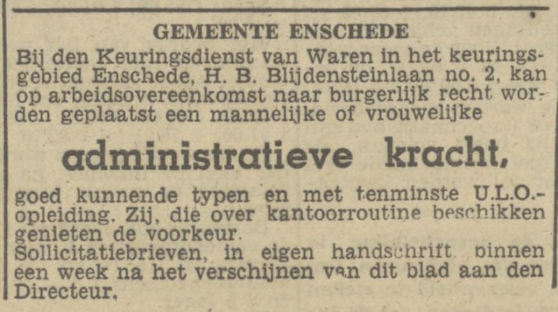 H.B. Blijdensteinlaan 2 Keuringsdienst van Waren advertentie Tubantia 1-11-1946.jpg