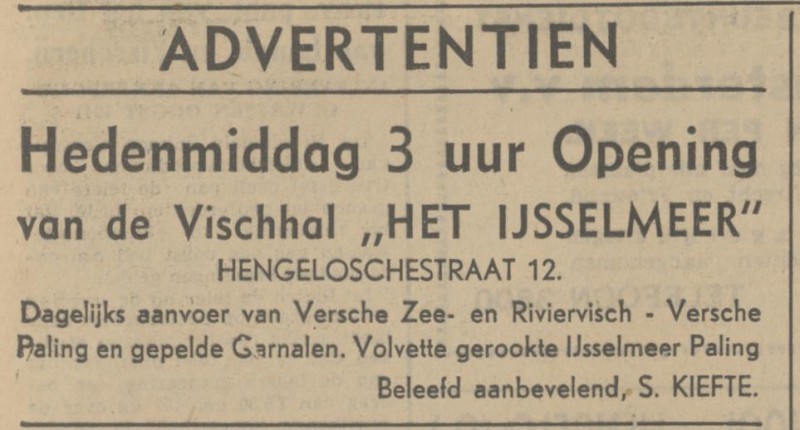 Hengelosestraat 12 S. Kiefte Vishal het IJsselmeer advertentie Tubantia 30-8-1941.jpg