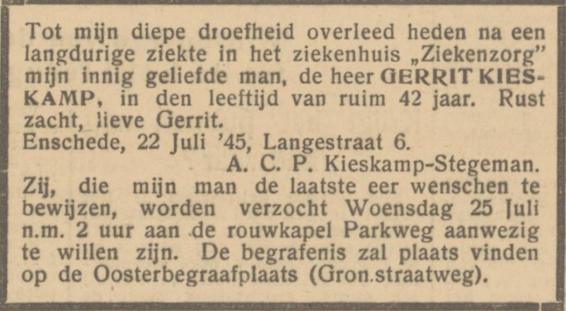 Langestraat 6 A.C.P. Kieskamp-Stegeman advertentie Het Parool 23-7-1945.jpg