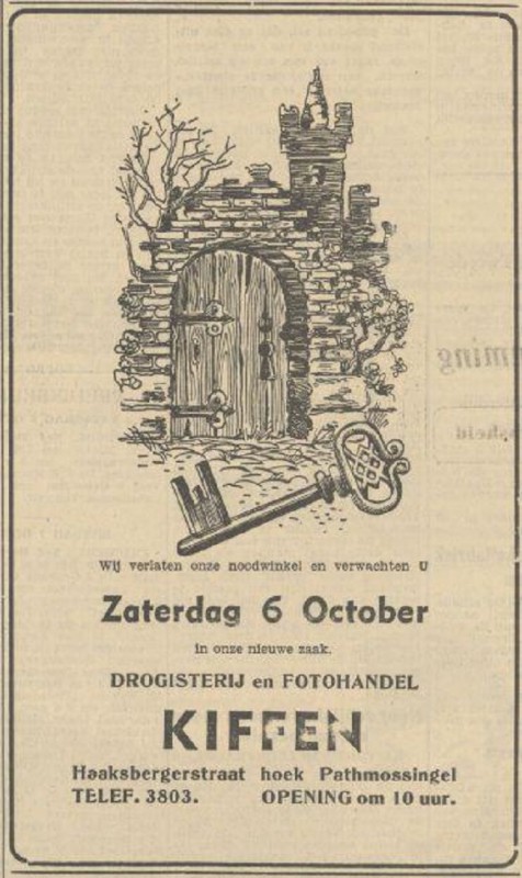 Haaksbergerstraat hoek Pathmossingel Kiffen Drogisterij en Fotohandel advertentie Tubantia 5-10-1951.jpg