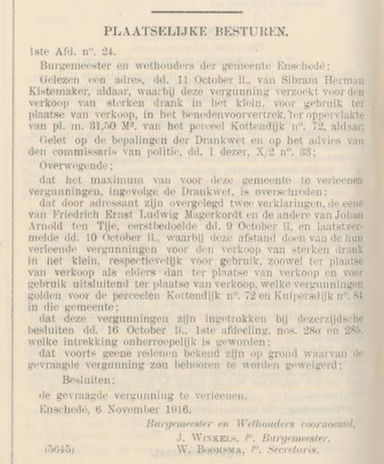 Kottendijk 72 Sibram Herman Kistemaker Drankvergunning bericht Nederlandsche Staatscourant 9-11-1916.jpg