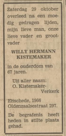 Oldenzaalsestraat 297 W.H. Kistemaker overlijdensadvertentie Tubantia 3-11-1966.jpg
