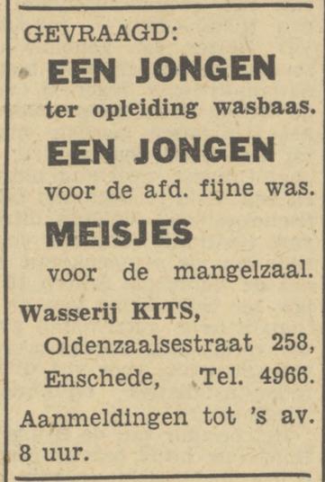 Oldenzaalsestraat 258 wasserij Kits advertentie Tubantia 4-1-1950.jpg