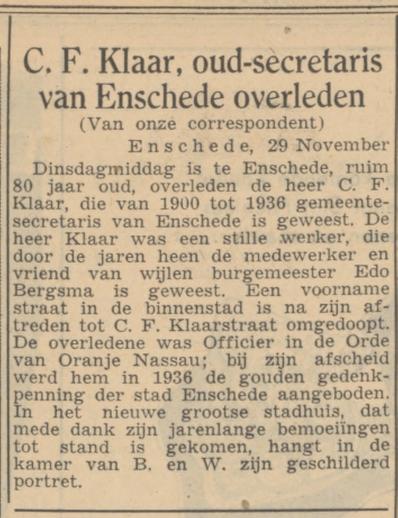 C.F. Klaar overleden krantenbericht Algemeen Handelsblad 29-11-1950.jpg