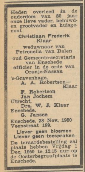 Veenstraat 189 C.F. Klaar overlijdensadvertentie 29-11-1950.jpg