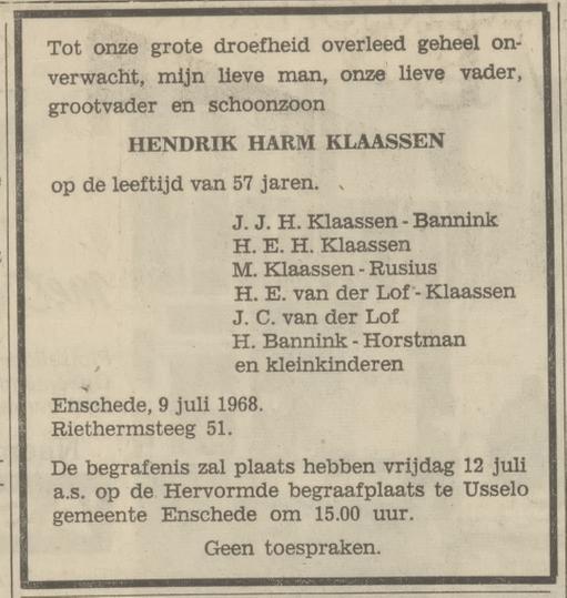 Riethermsteeg 51 H.H. Klaassen overlijdensadvertentie Tubantia 11-7-1968.jpg