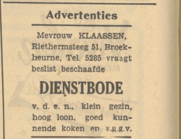 Riethermsteeg 51 Broekheurne Mevr. Klaassen advertentie Tubantia 9-5-1951.jpg
