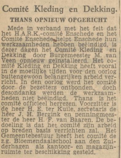 Comité Kleding en dekking secretaris J.H. Bergink krantenbericht Tubantia 2-5-1947.jpg
