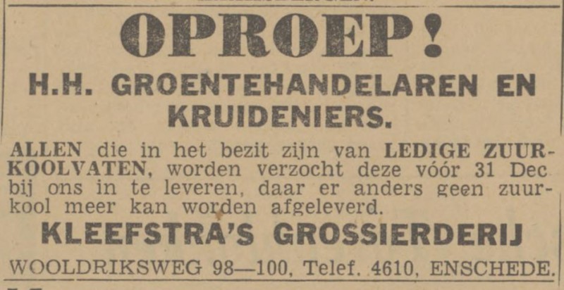 Wooldriksweg 98-100 Kleefstra's Grossierderij advertentie Twentsch nieuwsblad 29-11-1942.jpg