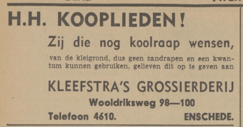 Wooldriksweg 98-100 Kleefstra's Grossierderij advertentie Tubantia 11-11-1941.jpg