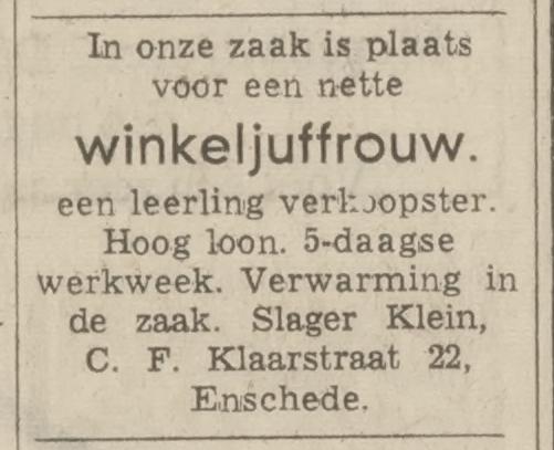 C.F. Klaarstraat 22 Slagerij Klein advertentie Tubantia 10-12-1969.jpg